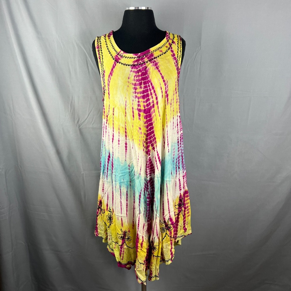 India Boutique Beach Cover Up Womens OS Multicolor Tie Dye Embroidery Sleeveless